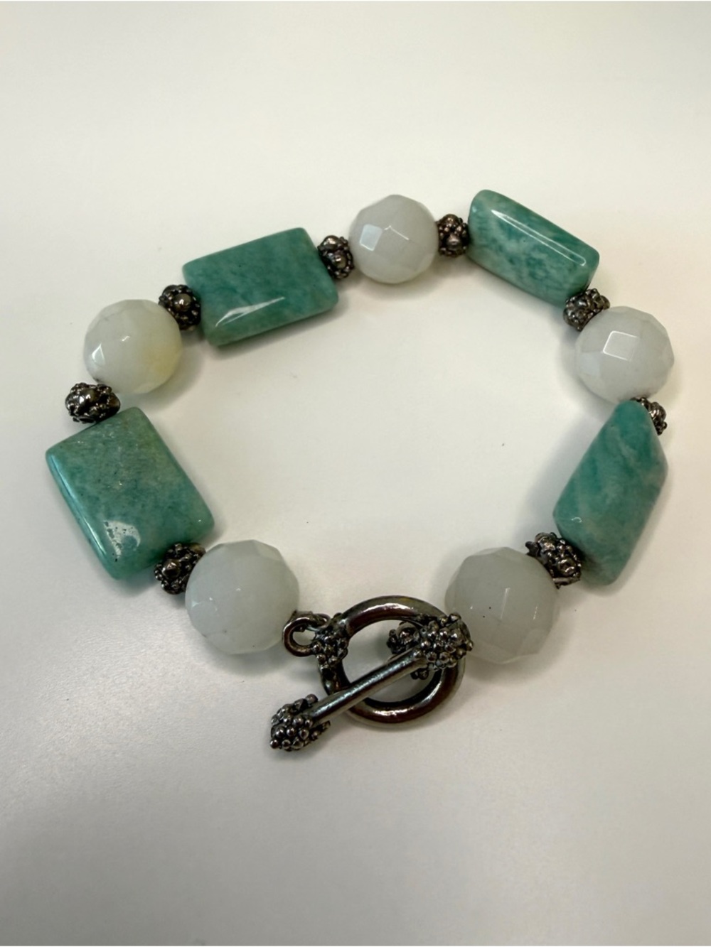 Green Amazonite and White Bead Toggle Bracelet